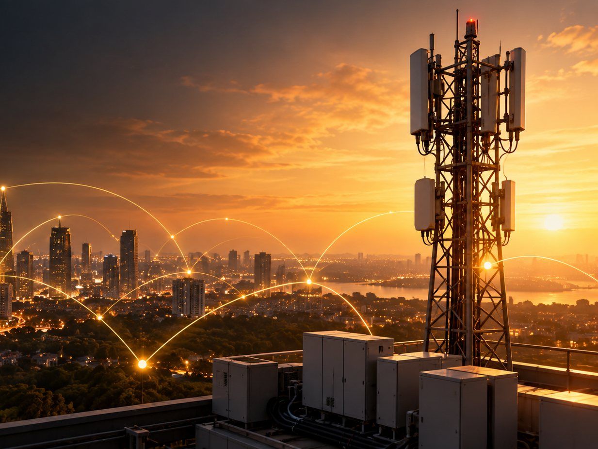 Rooftop telecom tower with antennas and equipment cabinets overlooking a city skyline at sunset