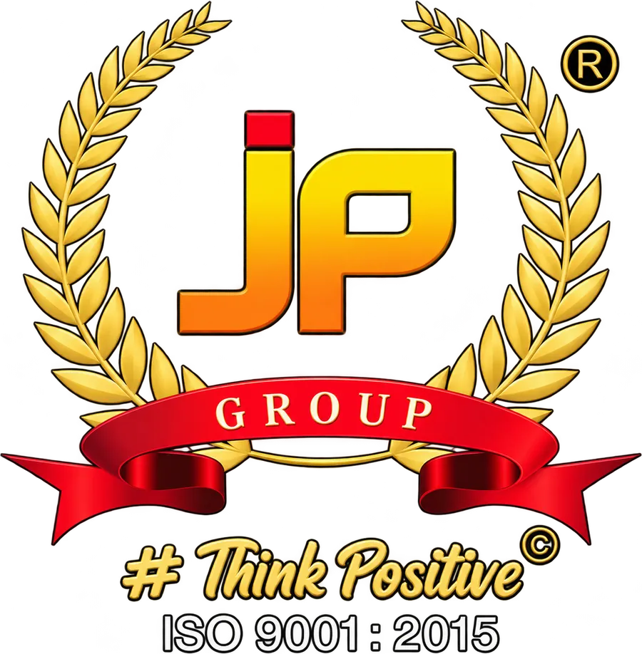 JP Group emblem: the jp monogram inside a gold laurel wreath with a red GROUP ribbon