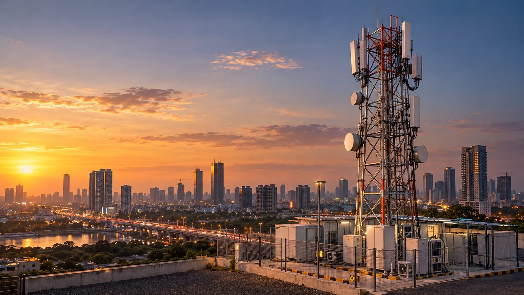 Telecom tower with antennas and equipment cabinets on a rooftop at sunset, with a city skyline behind